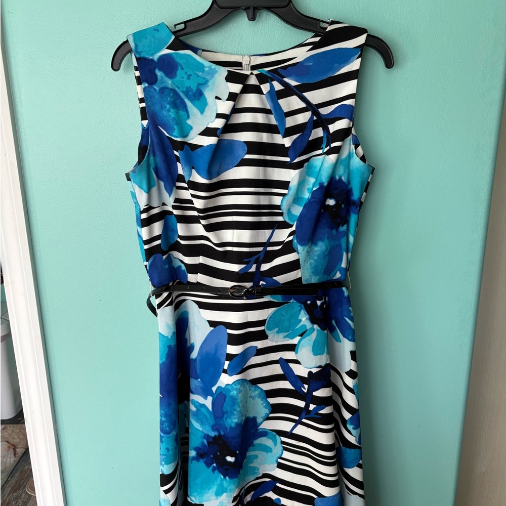 Dress Barn Black and White Striped Dress with Blue Floral